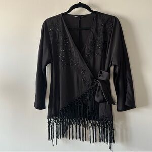Zara Black Fringe Wrap Blouse with Embellishments